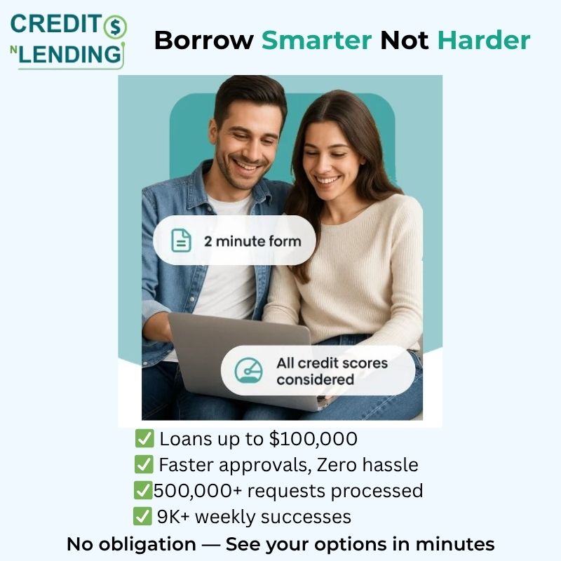 CreditNLending personal loan matching — borrow up to $100,000, all credit scores considered, 2-minute application