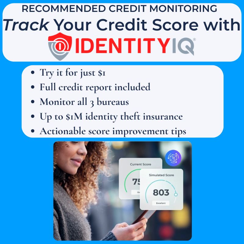 Track your credit score with IdentityIQ — full 3-bureau credit report, real-time monitoring, and up to $1M identity theft insurance. Try it for just $1.