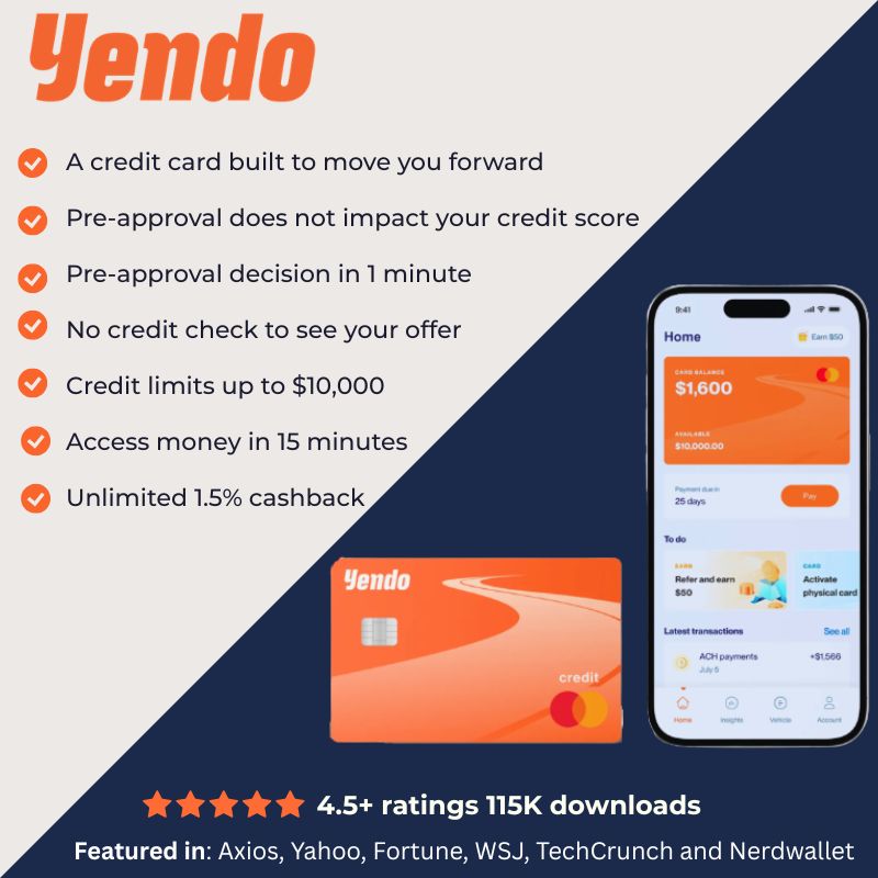 Yendo credit card offer — get up to $10,000 in credit using your car, no credit check required